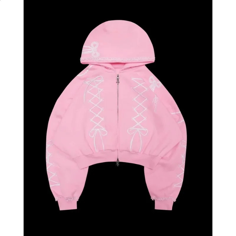 American Street Style Oversized Pink Sweet Bow Embroidered Hoodies Suit for Women Retro Loose Pants Versatile Zipper Sweatshirts 241224