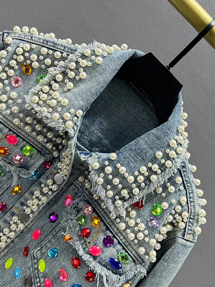 DEAT Womens Denim Coat Full Pearls Colored Beaded Crystal Long Sleeve Cool Burrs Female Jackets 2025 Spring Fashion 29L4067 241223