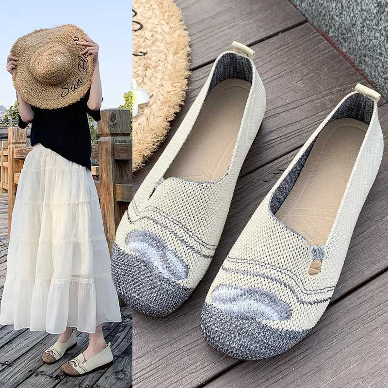 High Quality Loafers Womens Square Toe Breathable Slip on Square Toe Mesh Women Flats Shoes Soft Bottom Knit Ballet Flats Shoes T241227