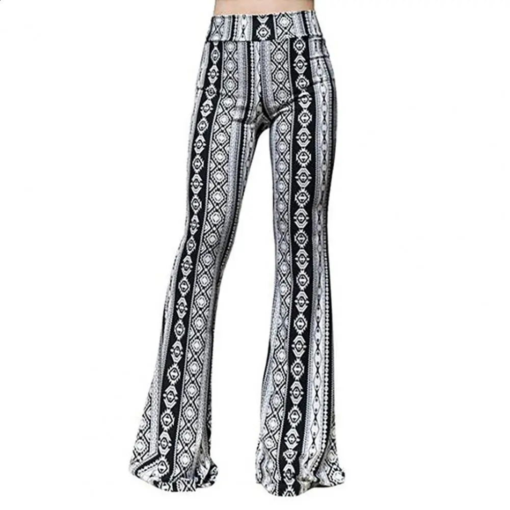 High Stretch Women Pants Soft Vintage 70s Leopard Print Flared Hem Long for Elastic Waist 250206