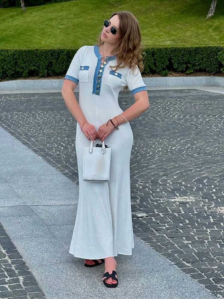Elegant V-neck denim patch work knit long skirt womens fashionable short skirt Slve button dress 2024 chic office womens pocket robe X241226