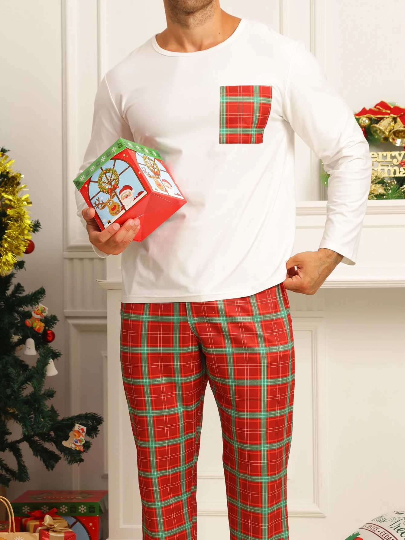 Two piece sets mens pajamas autumn and winter long sleeved pants checkered sleepwear setXJ241227