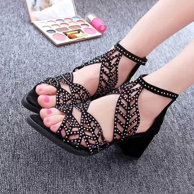 High Quality Sandals Women Summer Hollow Out Zipper Open Toe Thick Heel Sandals Casual Gladiator Shoes Platform Diamond Sandals T241227