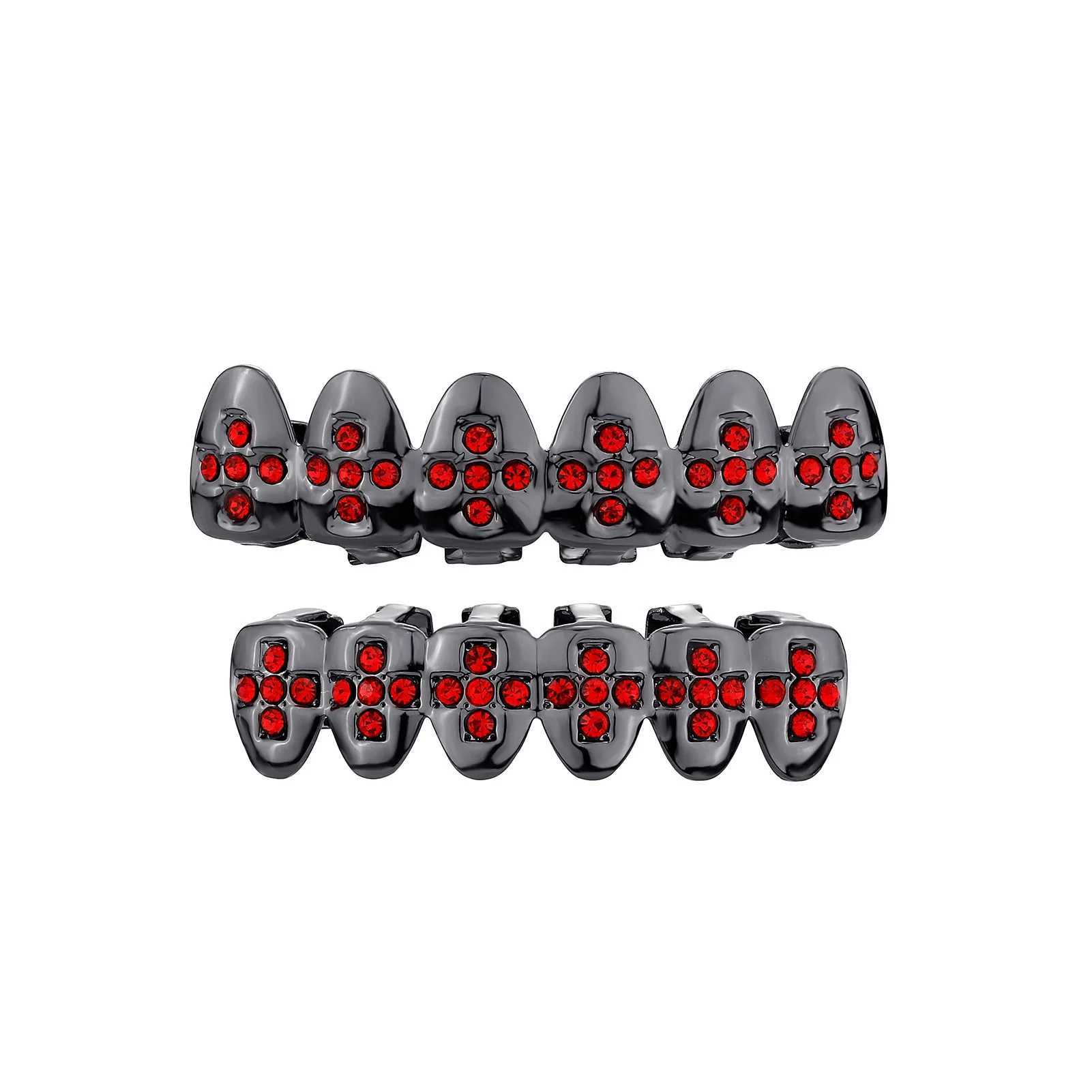 RACHELZ Y2K Gothic Cross Red Zircon Teeth Grillz Black Color CZ Stone Tooth Cs For Women Men Jewelry Halloween Gift W241227