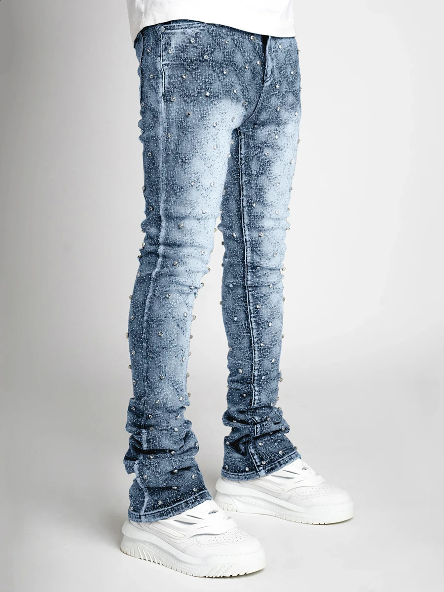 Fashion Mens Spring Summer Skinny Jeans Rhinestone Streetwear Denim Pants with Pockets 241225