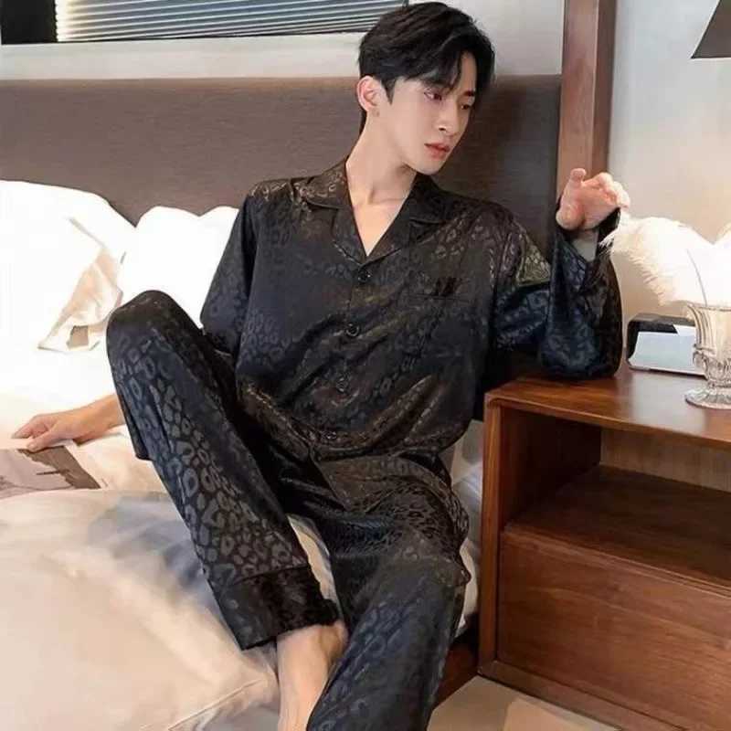 Pajamas men Spring and Autumn Long sleeve Thin ice silk Large size Spring and summer Leopard print cardigan loungewear two-pieceXJ241227