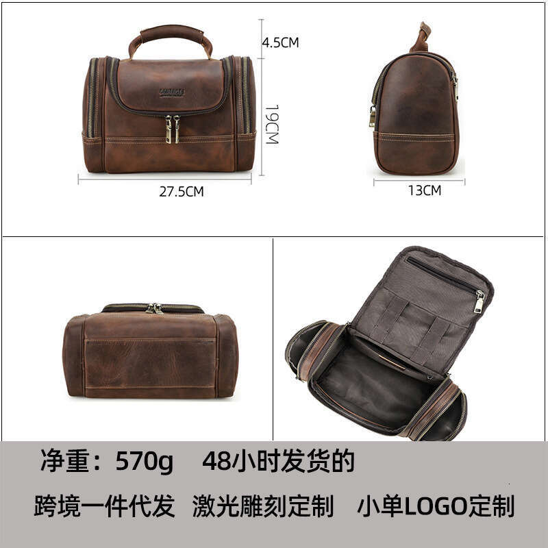 Black Angel Crazy Horse Cowhide Multi Zipper Portable Wash Large Capacity Trendy Makeup Storage Bag