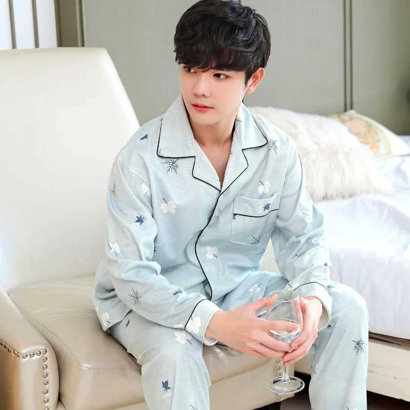 Mens Spring and Fall Long-Sleeved Long Pants Pajamas Cardigan Big Size Korean Nightwear Loungewear Leisure Sleepwear HomewearXJ241227
