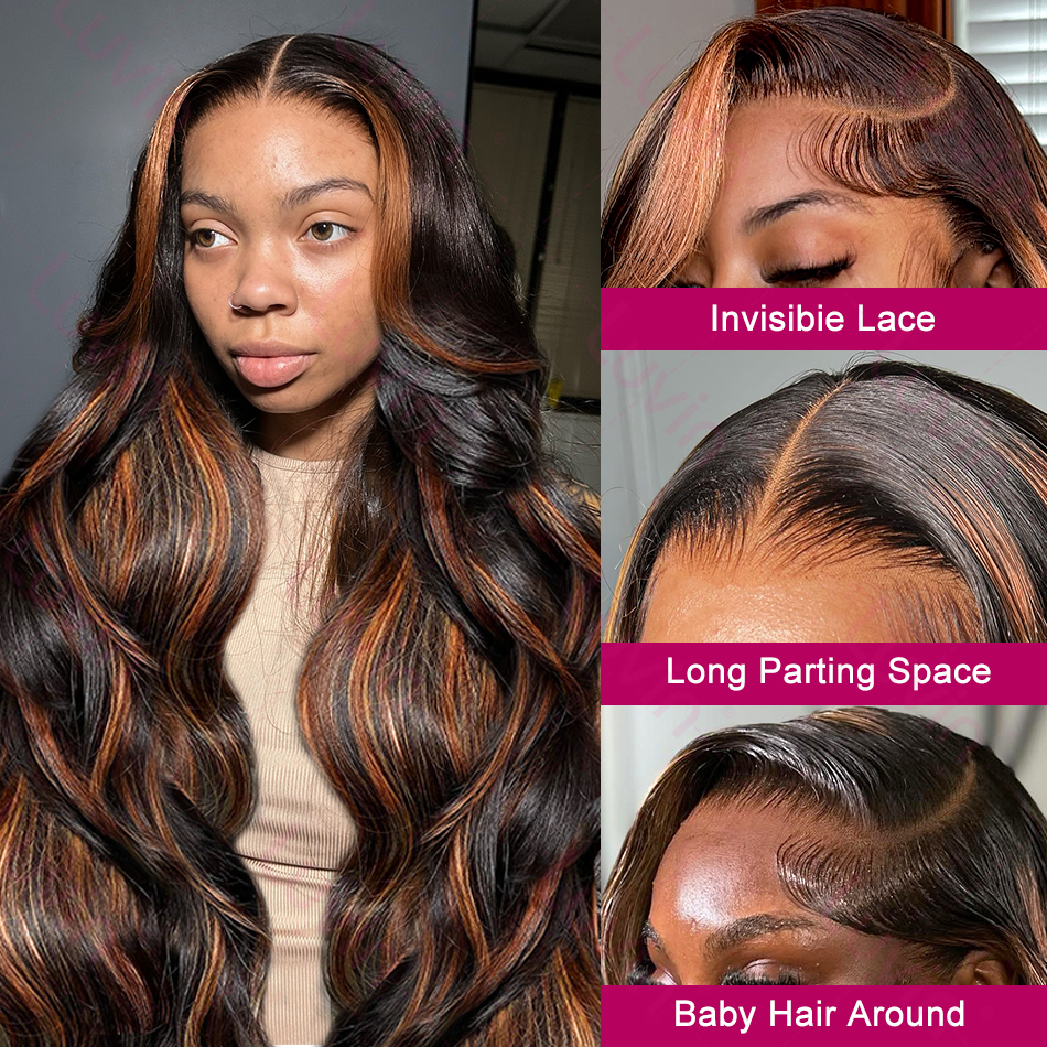 Luvin Ombre Highlight 13X4 Front Wig Human Hair 1B/30 Black Brown Body Wave Wigs Transparent Lace Brazilian For Women