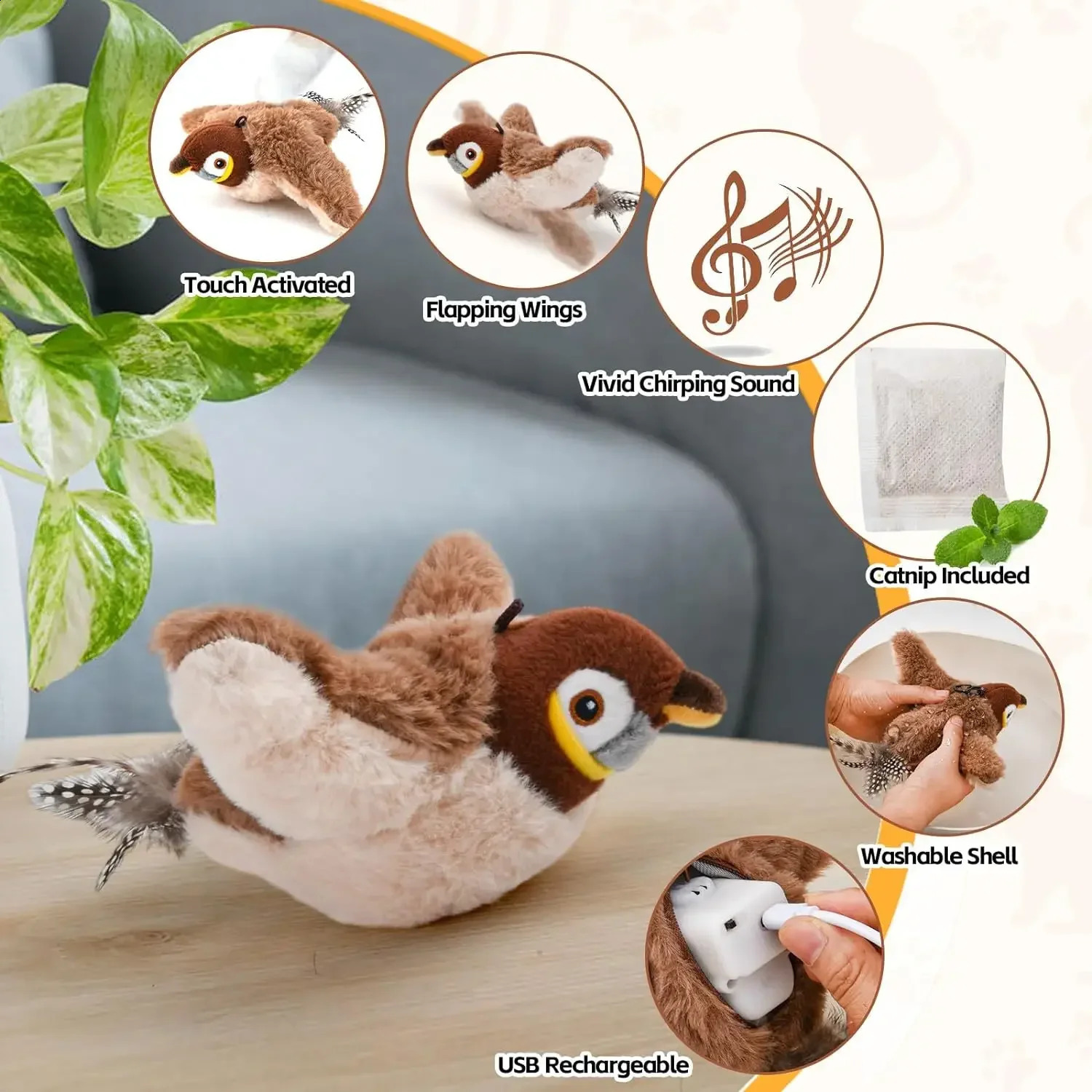 Interactive Cat Toys Rechargeable Chirping Flapping Birdno Flying with Catnip for Indoor Cats Touch Activated Plush Toys 241224