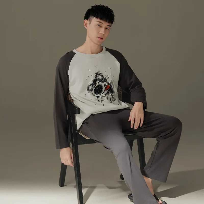 New Mens Spring and Fall Pajamas Homewear Suit Mens Long-Sleeved Long Pants Homewear Teenagers Fall and Winter Homewear SuitXJ241227