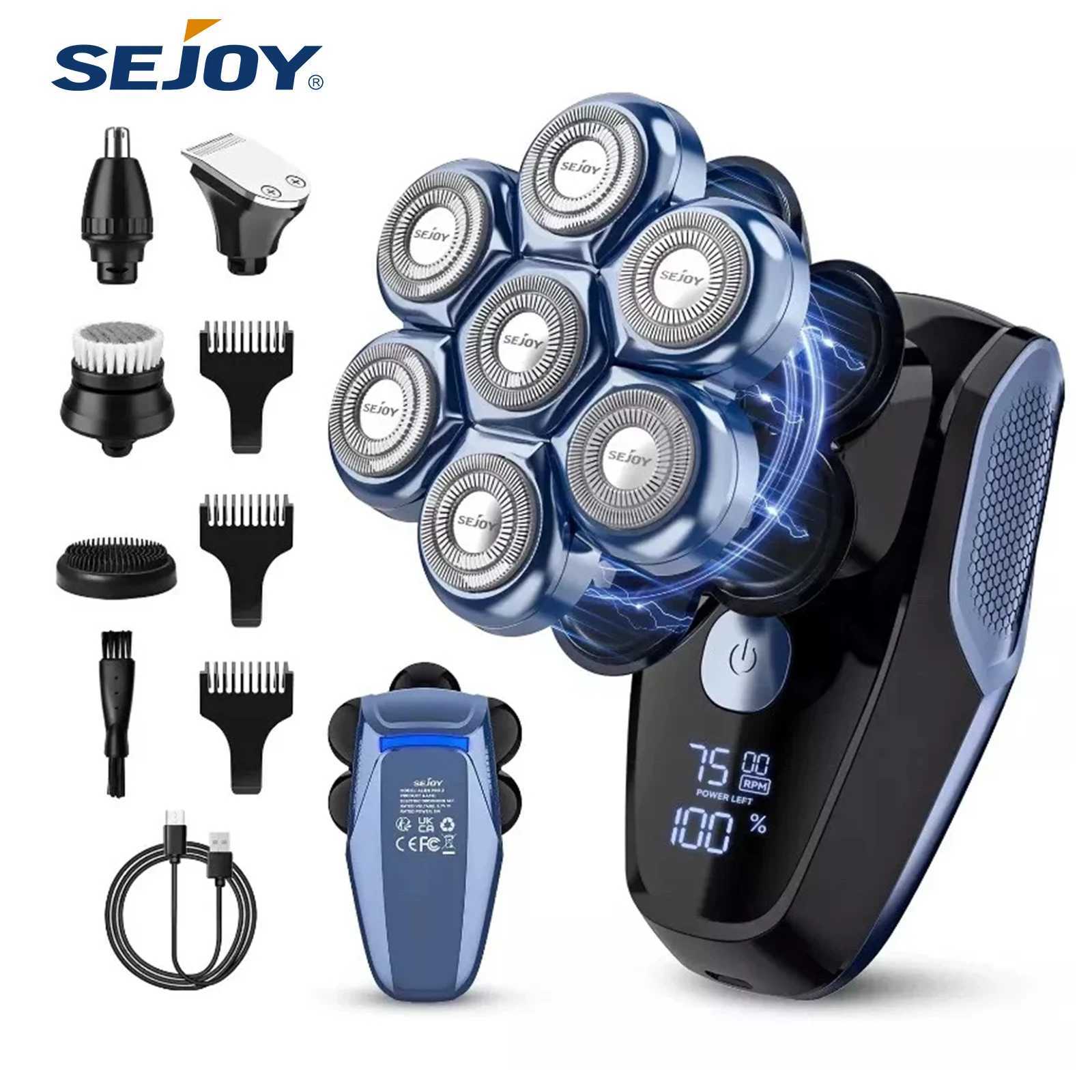 Sejoy Electric Bald Shaver for Men 7 Heads Beard Razor Hair Clipper Facial Cleaner Massager Nose Trimmer IPX7 Fully Washable W241227