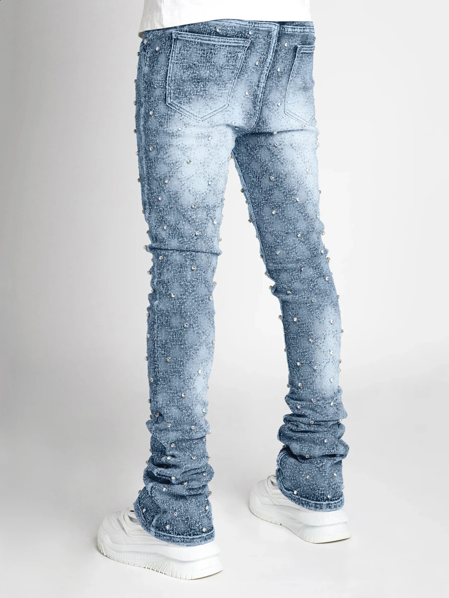 Fashion Mens Spring Summer Skinny Jeans Rhinestone Streetwear Denim Pants with Pockets 241225