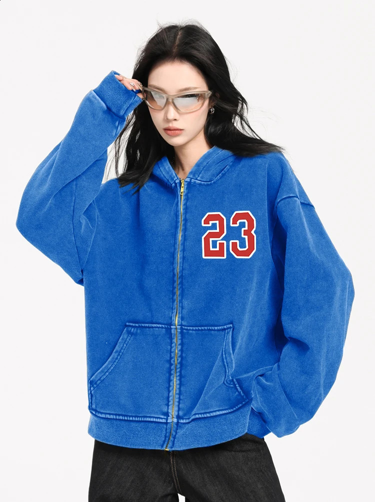 Simple Number 23 Printed Female Washed Zipper Hoody Hip Hop Sweatshirt High Quality Hooded Autumn Casual Streetwear Women 241223