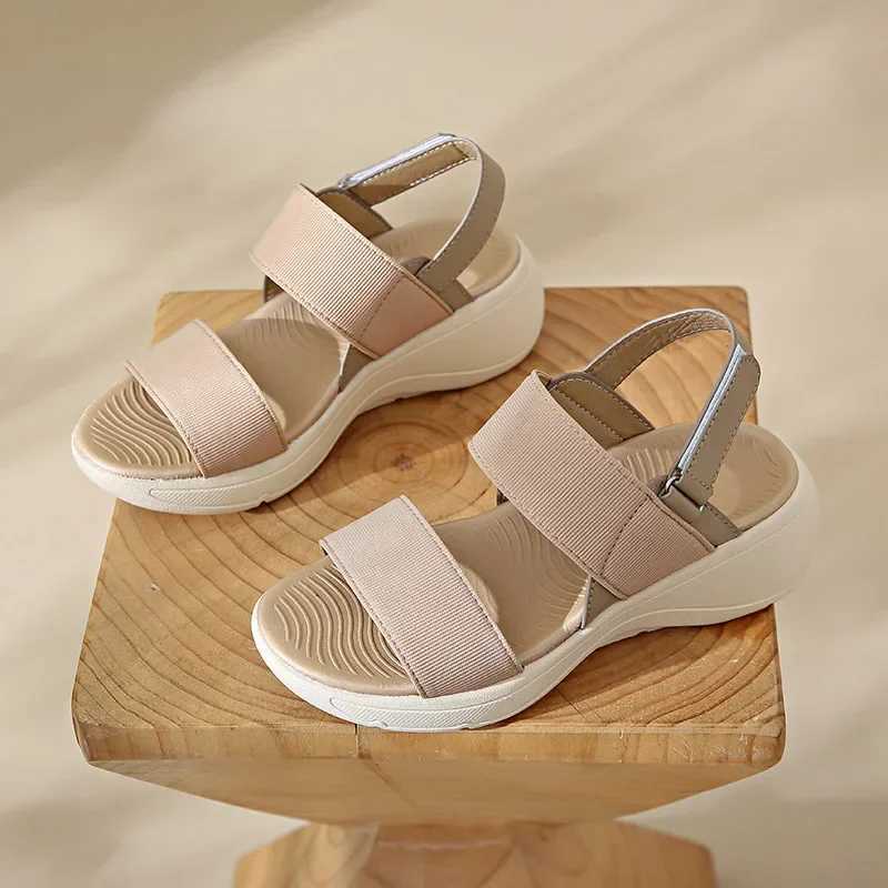 High Quality Womens Solid Color Flatform Sandals Open Toe Elastic Strap Slingback Lightweight Non-slip Shoes Summer Comfy Shoes T241227