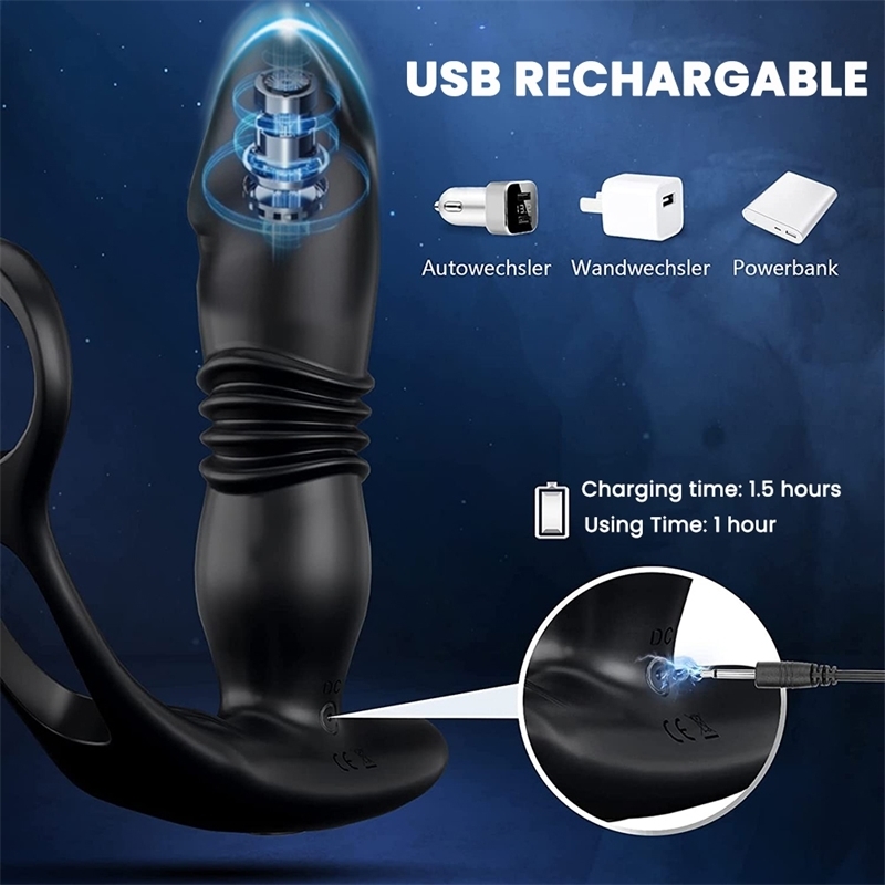 Silicone Anal Vibrator Thrusting Prostate Stimulator Massager Delay Ejaculation Lock Ring Butt Plug Sex Toys Dildos for Men w241226