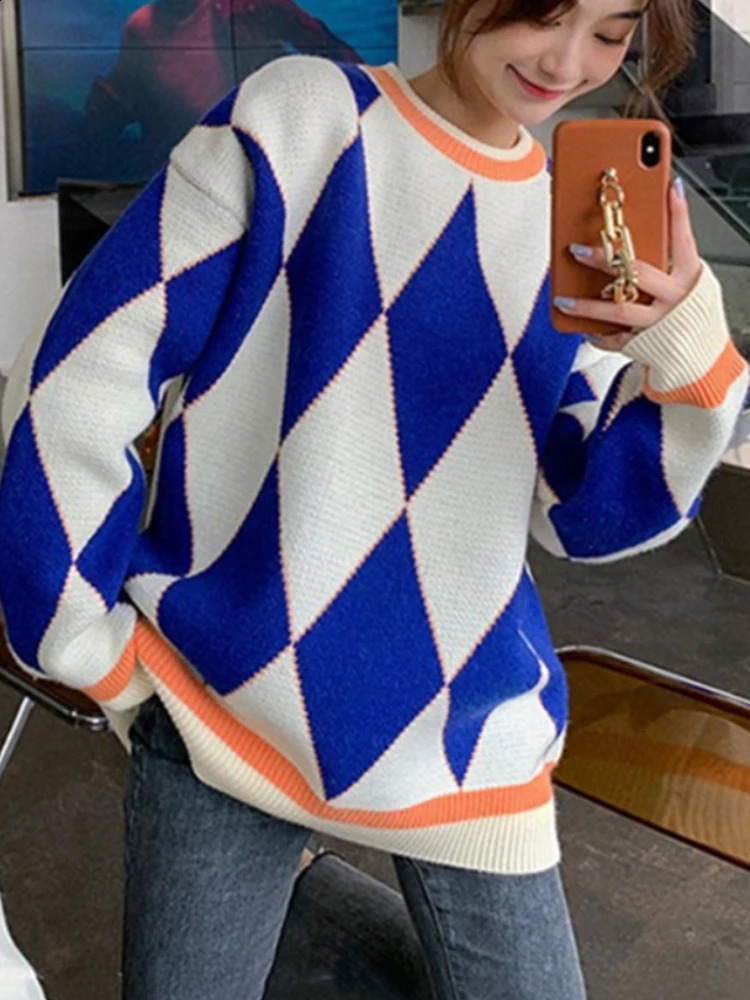 Autumn Winter Women Oversize Pullovers Casual Oneck Loose Sweater Knitted Pullover Streetwear Plaid for Coats 241223