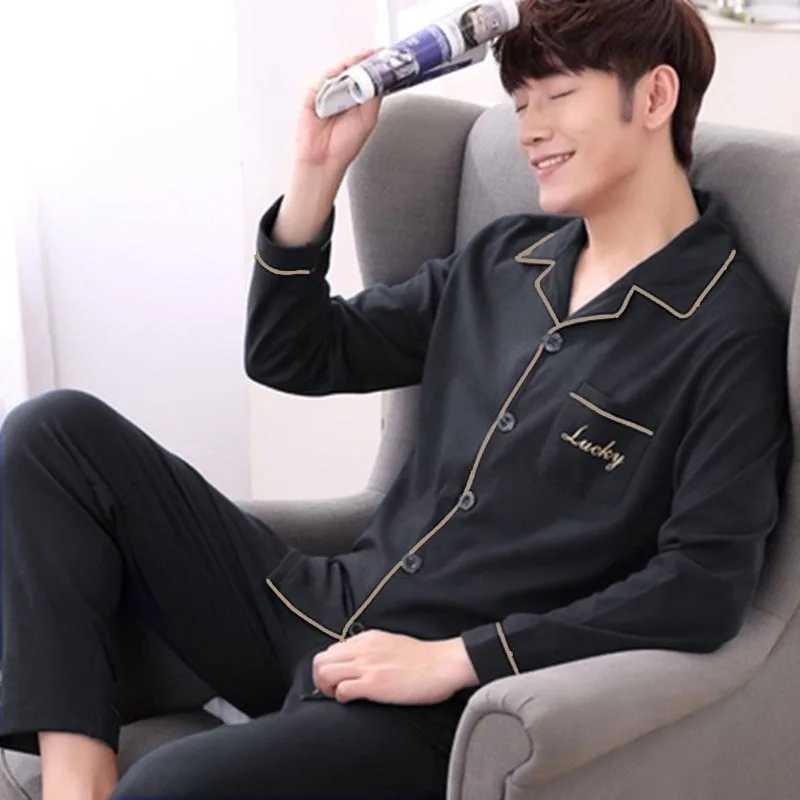 2PCS/Set Pajamas Mens Autumn and Winter Long-Sleeved Cotton Style Big Size Outside Casual Striped Solid Homewear Clothing SuitXJ241227