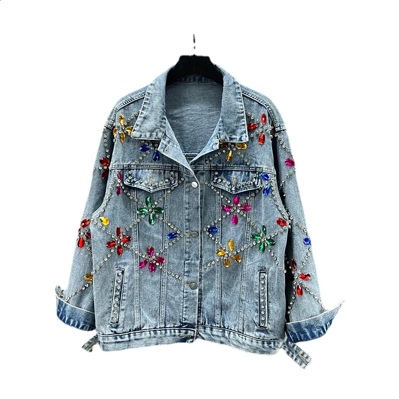 Exquisite Rhinestone Denim Jacket for Women Spring Autumn Loose Trenddy Long Sleeve Top Blue Single Breasted Coats 241223