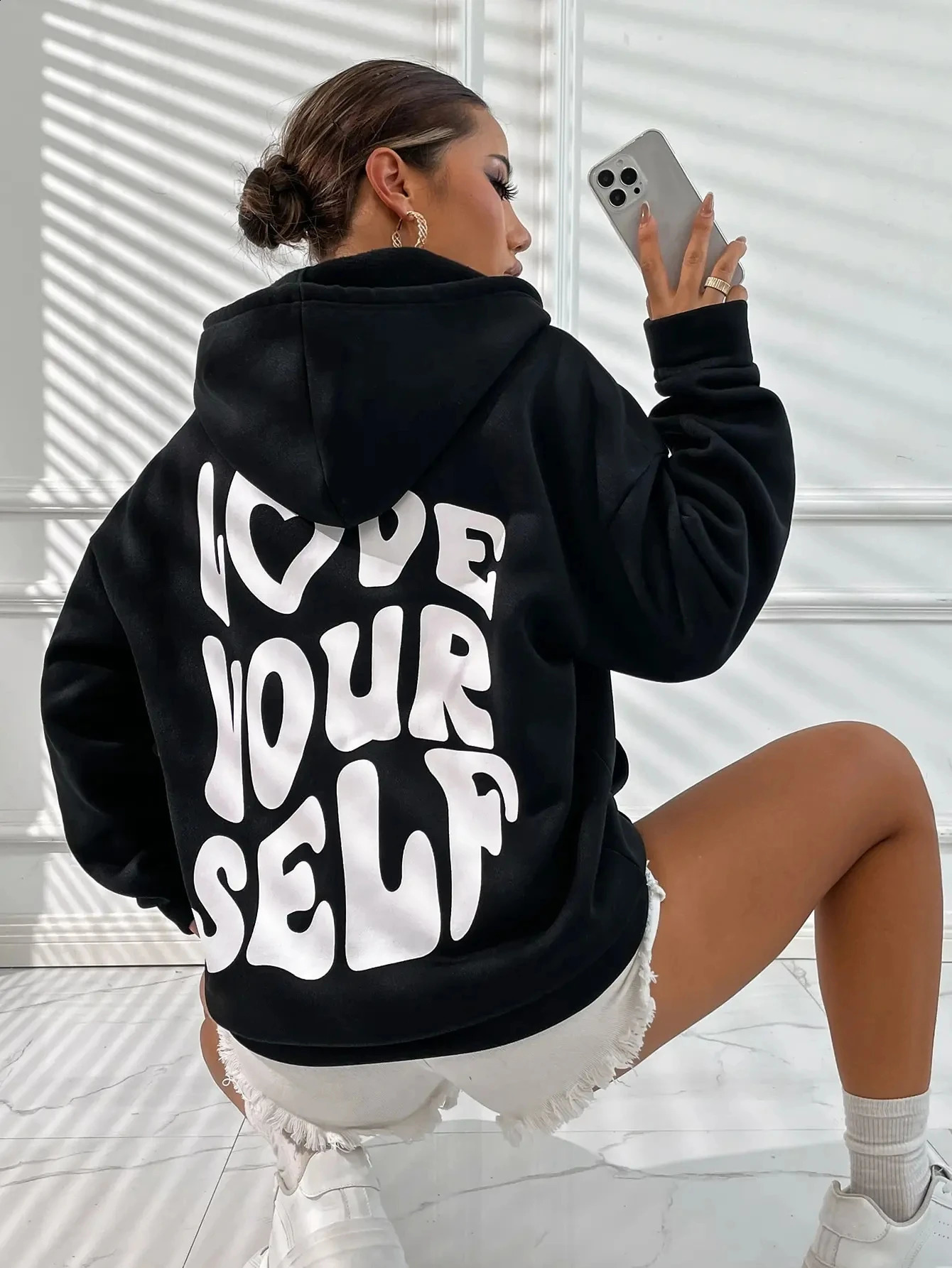 Love Yourself Cotton Printed Hoodies Casual Oversized Pullovers Trend Comfortable Tracksuit Daily Harajuku Women Sweatshirt 241223