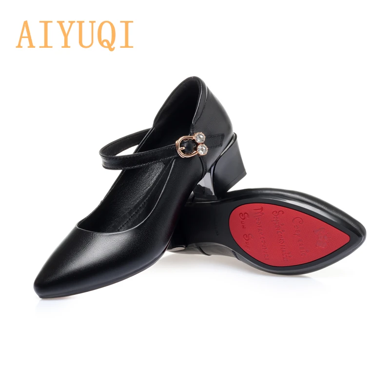 Women Shoes Mid Heel Spring Genuine Leather Women Commuter Shoes Round Toe Shallow Mouth Large Size Women's Shoes