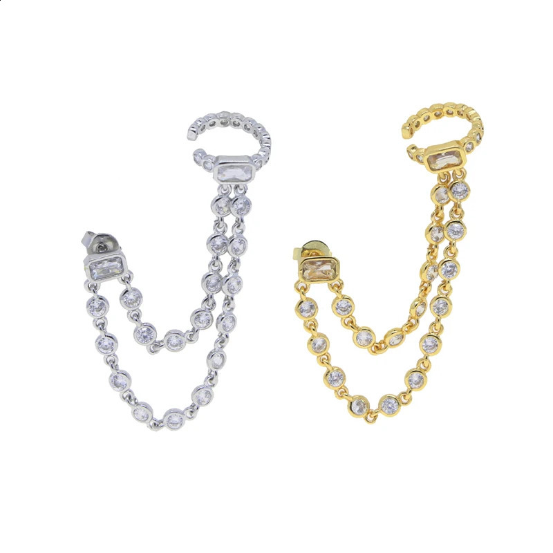 1pc Double Piercing 2 Hole Tassel Chain Mini Cz Hoop Earring Bling Cz Tennis Chain Clip on Earring Cuff Fashion Women Jewelry 241227