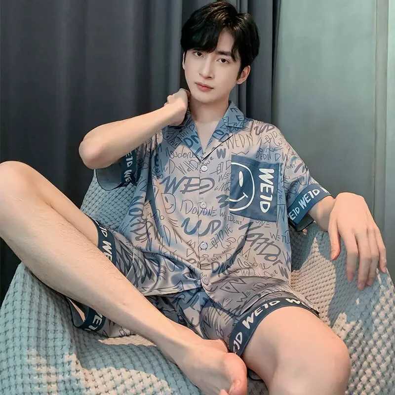 Large Size Men Pajamas Set Ice Silk Cartoon Bear Short-Sleeved Student Two-Piece Cardigan Lapel Smiley Letters 3xl Code PajamasXJ241227