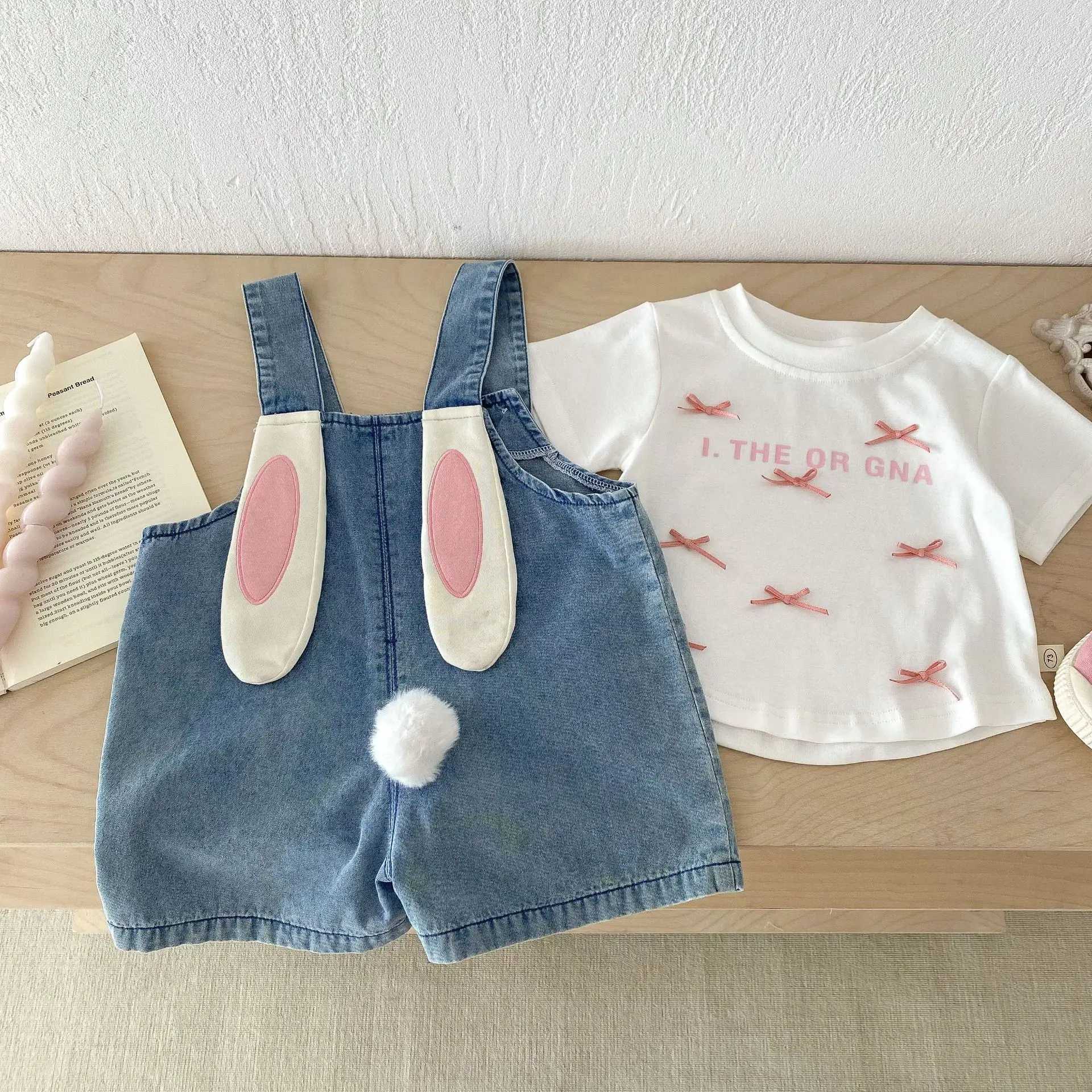 Summer Girl Baby Rabbit Ears Over Girls Children Loose and Cute Jeans Baby Retro Casual Suspension Pants Kid Cotton Mid Trousers W241227