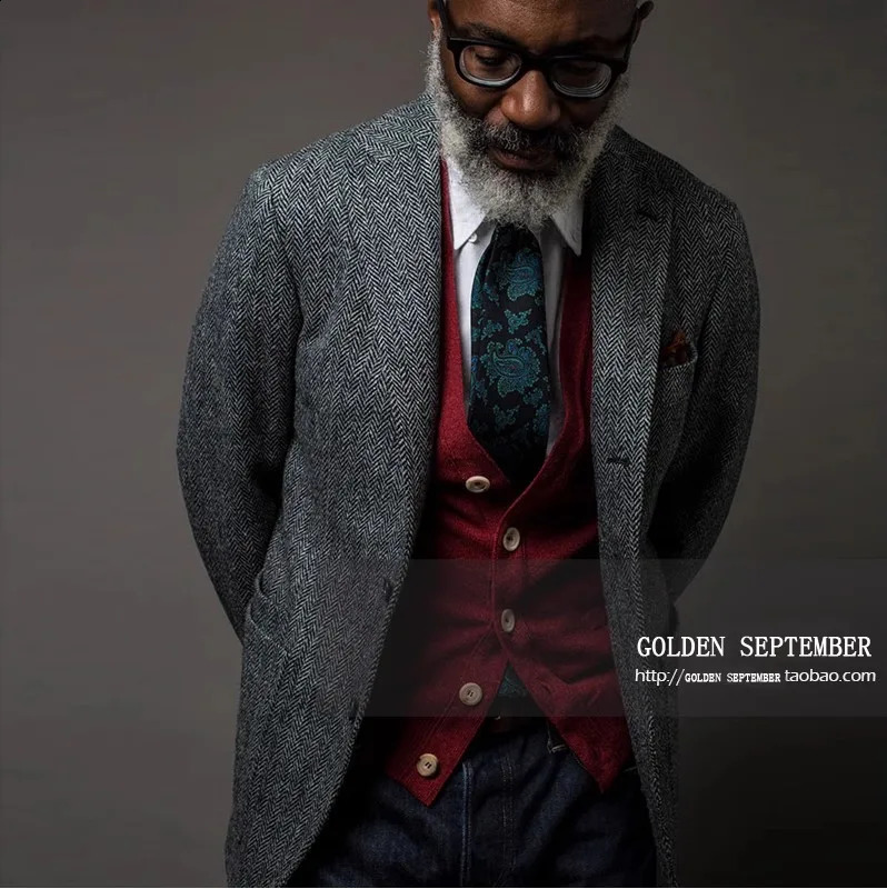 Uncle Nick Wooster Same Style Suit Autumn and Winter Retro Tweed Wool Herringbone Jacket for Men 241227