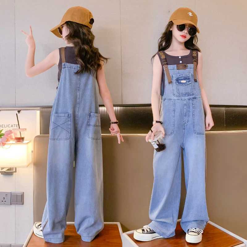 Little girls jeans cover a slim homeless person aged 4-14 summer sleeveless T-shirt vest and pants fashion set W241227