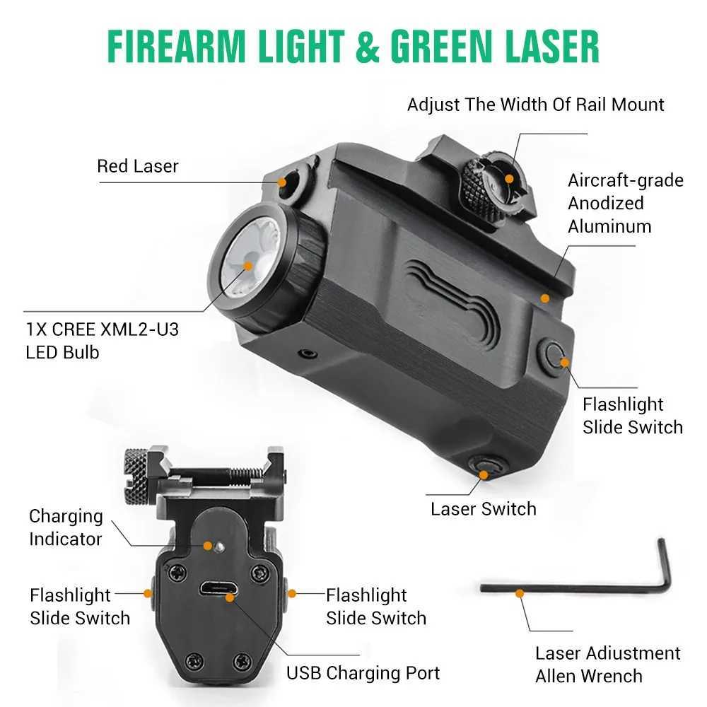 800 Lumens Pistol Flashlight Laser Combo USB Rechargeable Weapon Gun Light with Red/Green Laser Beam Compact 20mm Rail LED TorchW241227