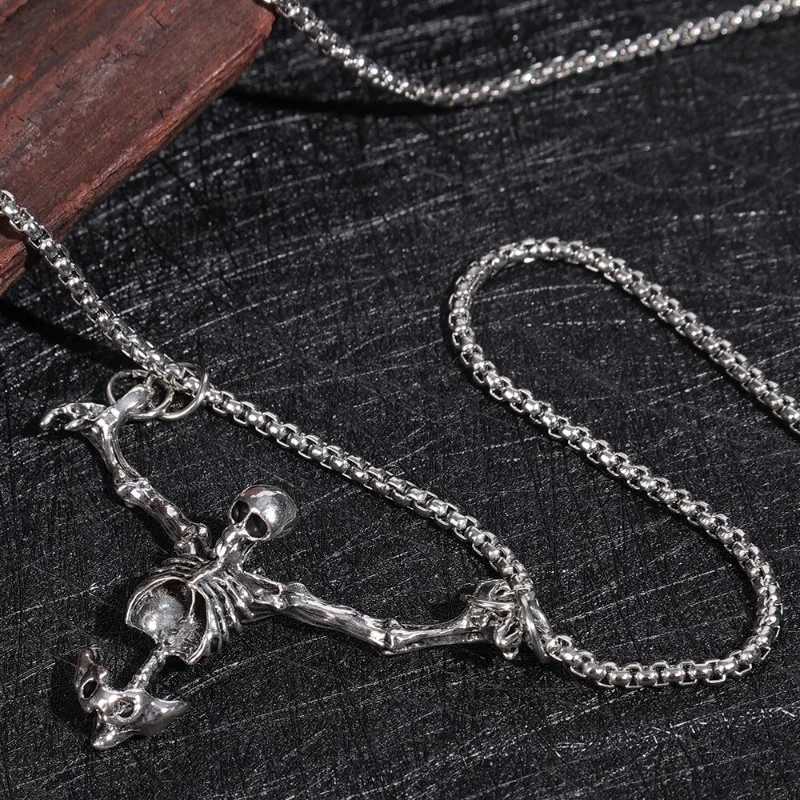 Halloween Dark Skull Pendant Necklace Retro Gothic Adjustable Chain Alloy Necklace Punk Human Skeleton Jewelry Pendant ChainXJ241227