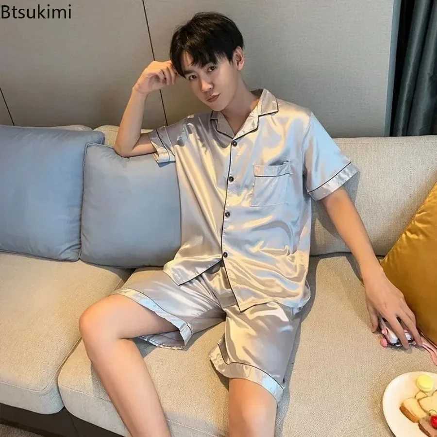 2025 Fashion Mens Short Sleeve Shorts Sleepwear Two Piece Sets Comfortable Satin Loose Casual Pajama Sets Male Home LoungewearXJ241227