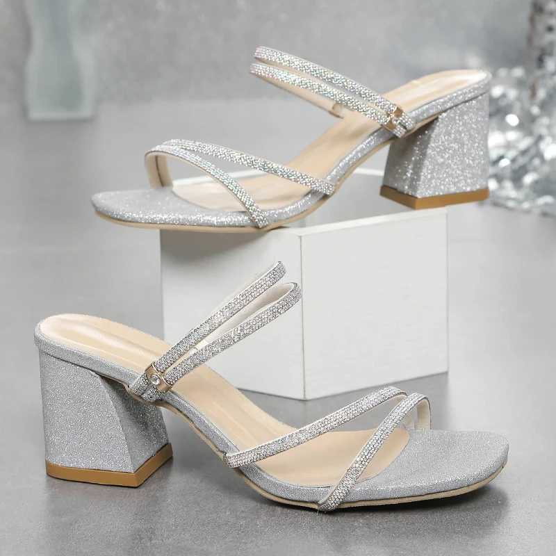 High Quality Women Sandals Woman Summer Silver Chunky Heels Sandals Womens Open Toe Beach Hifh Heel Ladies Sandals Footwear T241227