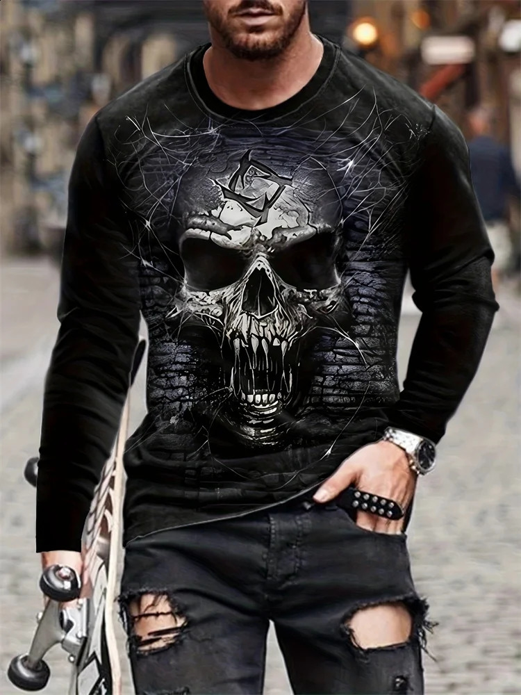 Skull Reaper Print Mens Halloween Long Sleeve Tshirt Fall Everyday Casual Top Outdoor Street Fashion 241220
