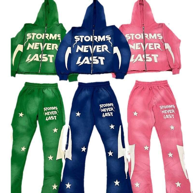 Fashionable fashion brand personalized sticker fabric letter print high street hip-hop style full chain cardigan sweatshirt pants set