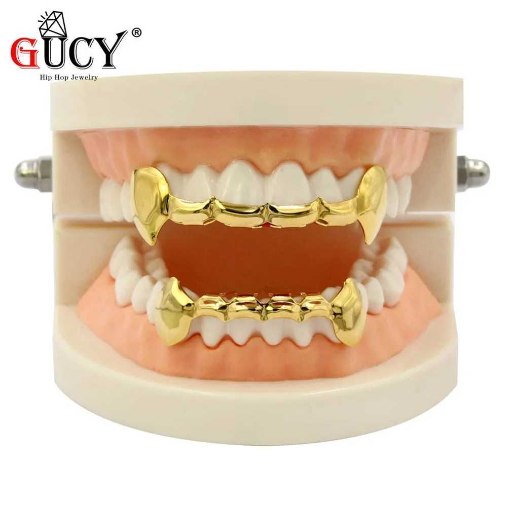 GUCY Hip Hop Fang Grills Cs Gold Color Plated Half Teeth Dracula Vampire Fangs Slim Grill Top Bottom Grillz Teeth Set W241227