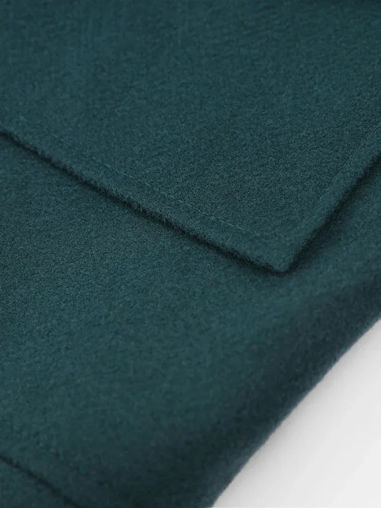 Women Green Pockets Faux Fur Collar Jacket Vintage Buttons Long Sleeve Short Coats Autumn Winter Ladies High Street Outerwear 241223