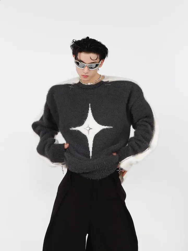 Y2k Color Blocking Knitting Gothic Pullovers Fashion Streetwear Black Patchwork Star Jumper Harajuku Knitwear Long Sleeve Sweate 241224