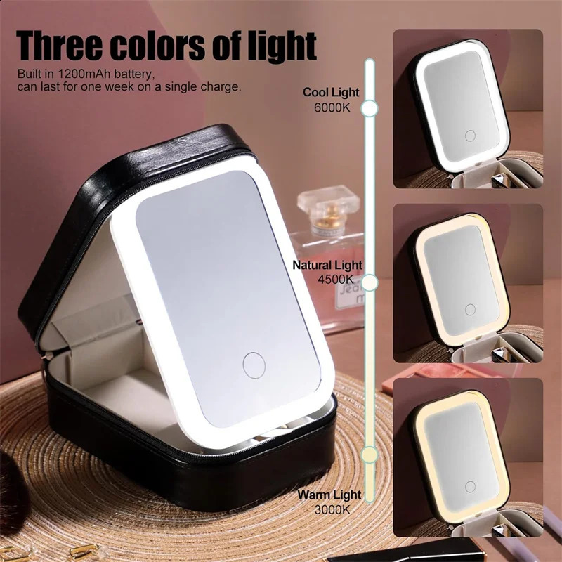 Makeup Tools Storage Case with LED Mirror Small Makeup Bag with Lighted Mirror 3 Colors Adjustable Makeup Mirror Storage Box 241223
