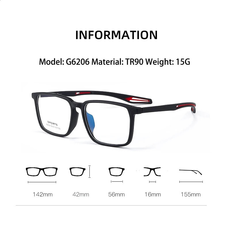 Optical Prescription Eyeglasses Black Fashion Ultra Light TR90 Sports Glasses Large Size Myopia Eyewear Men Frame G6206 241227