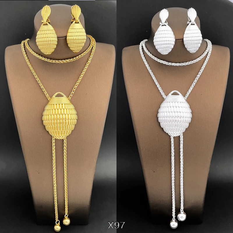85CM Long Necklace Earrings For Women Adjustable Length Sweater Chain Gold Plated 3PCS Set Fashion Jewelry Wedding Party Gift 241226