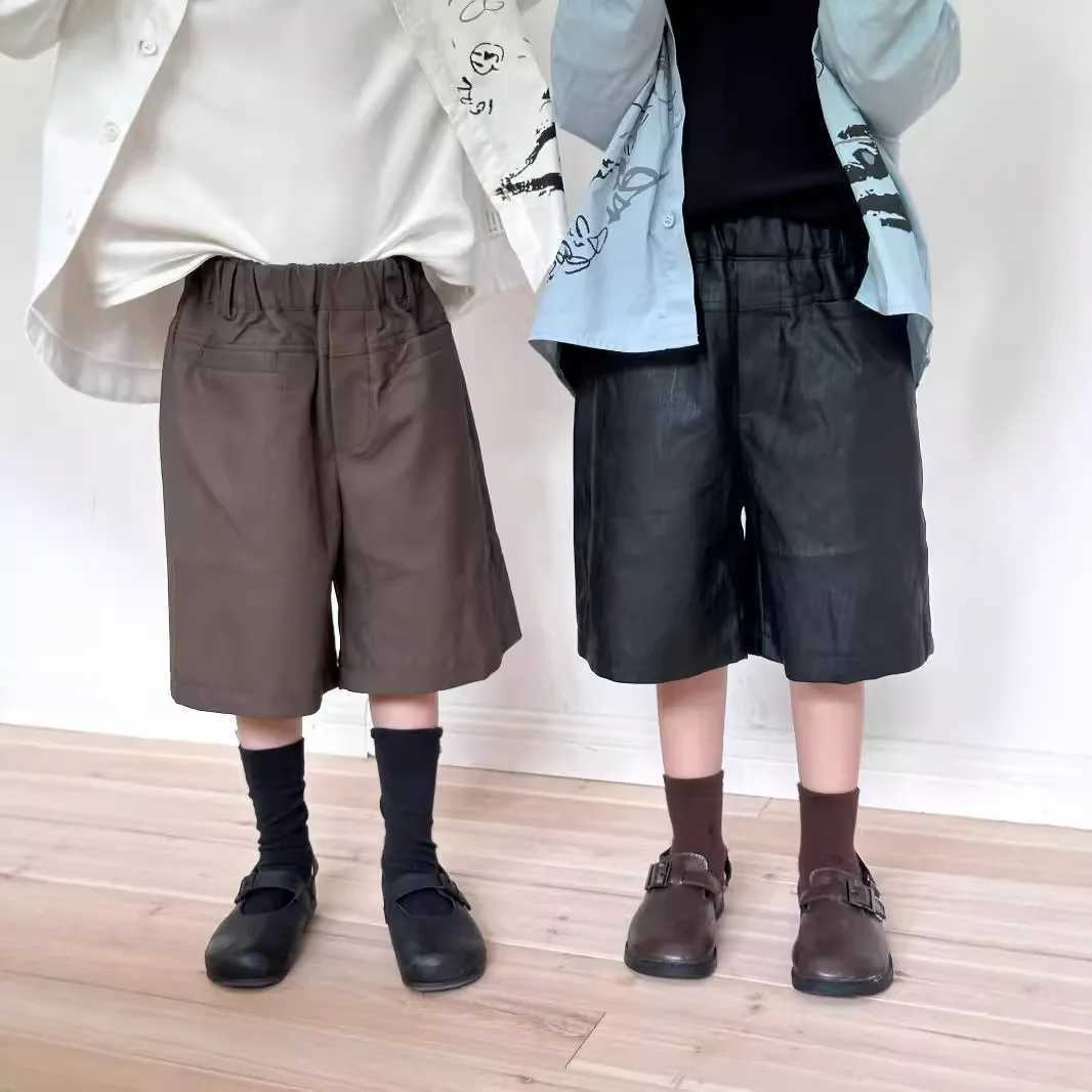 Spring and Autumn Childrens Leather Shorts Solid Elastic Waist Childrens Knee Length Shorts Retro Waterproof Preschool Boys Shorts W241227