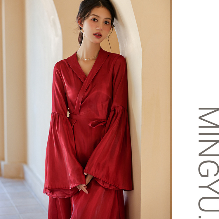 B601-Fairy style bridal morning gown high-grade imitation silk pajamas women summer new solid color ladies home nightgown