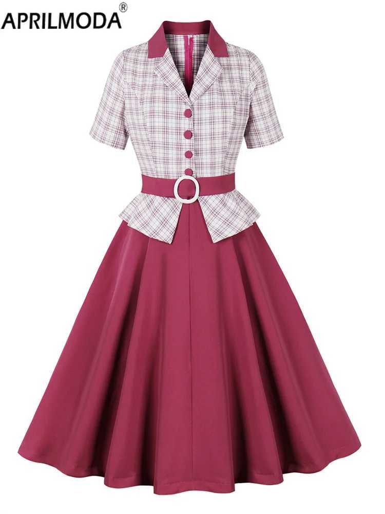 French Style Hepburn 50s Vintage Womens Party Dress Office OL Work To Wear Ruffle Patchwork Plaid Print Casual Dress with Belt X241226