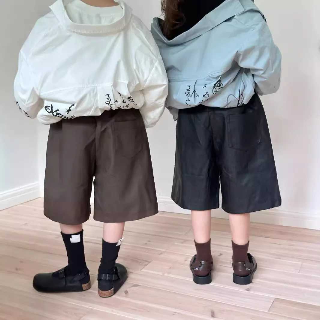 Spring and Autumn Childrens Leather Shorts Solid Elastic Waist Childrens Knee Length Shorts Retro Waterproof Preschool Boys Shorts W241227
