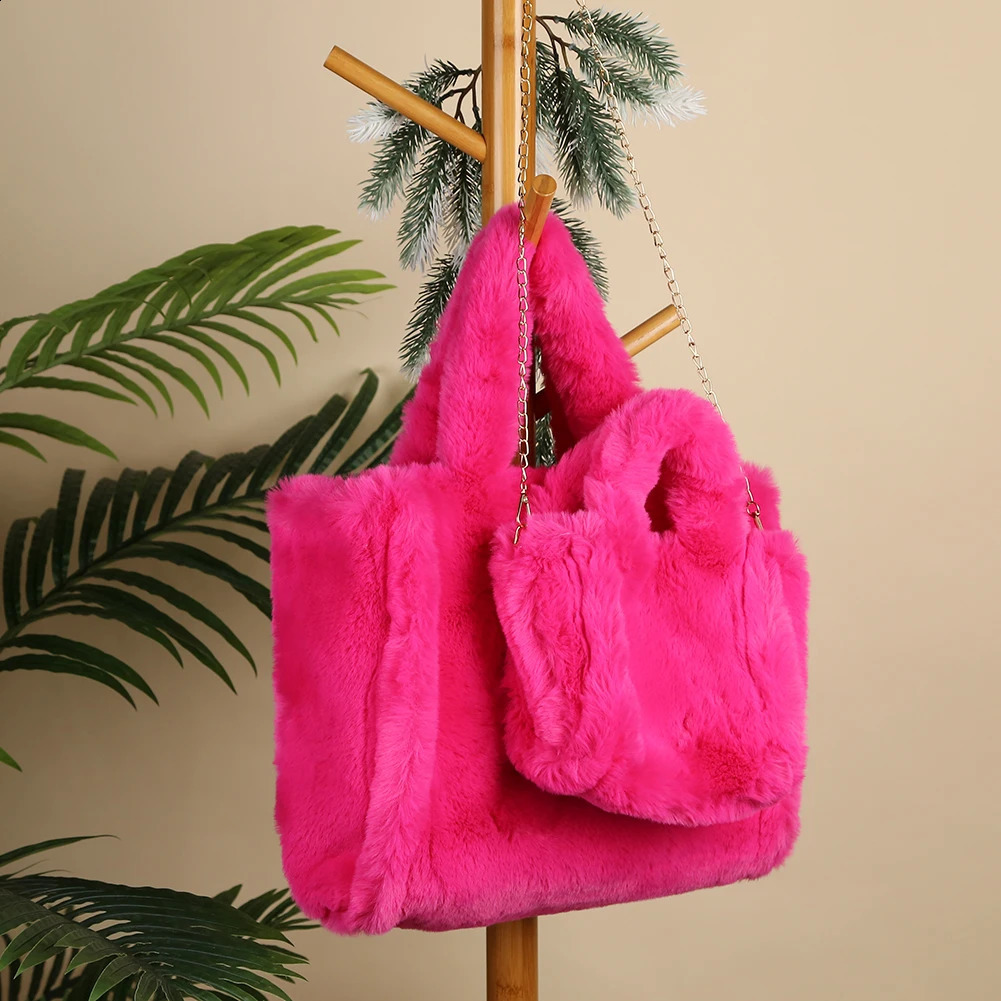 Plush Faux Fur Tote Bag for Women Autumn Winter Furry Handbags Solid Color Chic Fuzzy Shopping Soft Fashion Ladies Shoulder 241225