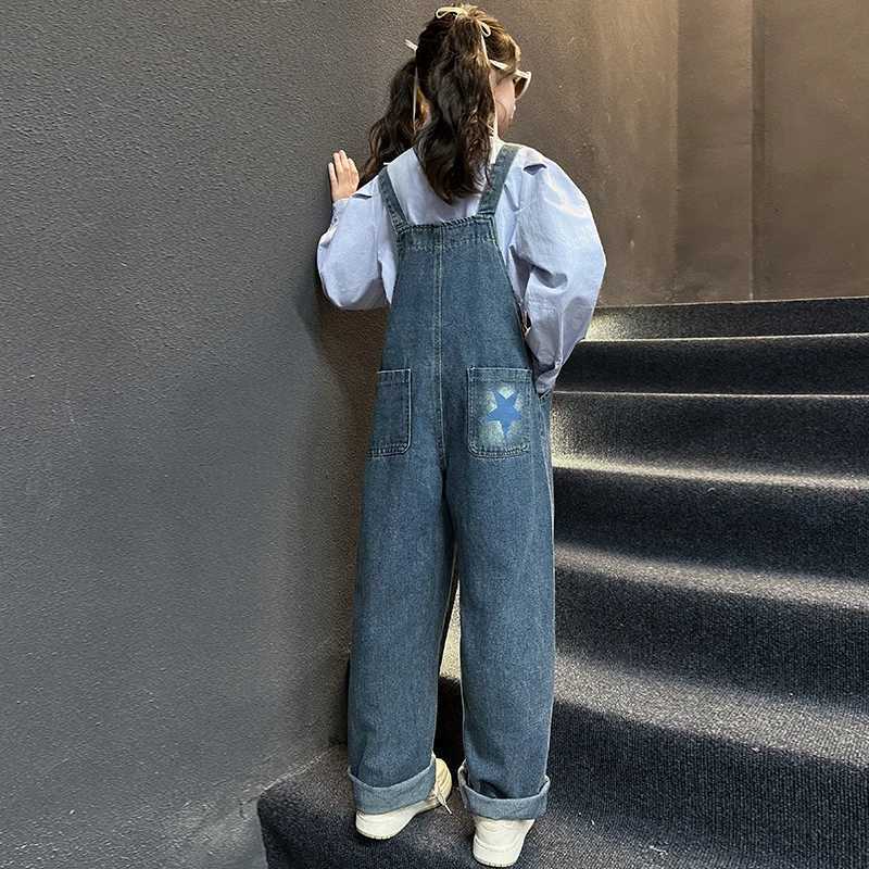 Fashion Children Jeans Overalls for Baby Girls Kids Blue Denim jumpsuit Suspended Pants with Straps Age 5 6 7 8 9 10 11 13 14 W241227