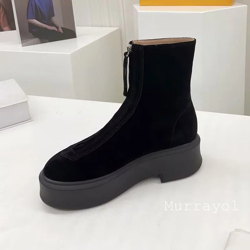 Cow Suede Thick Sole Solid Color Short Boots Women Front Zipper Ankle Botas Autumn Winter Versatile Riding Boots 241226