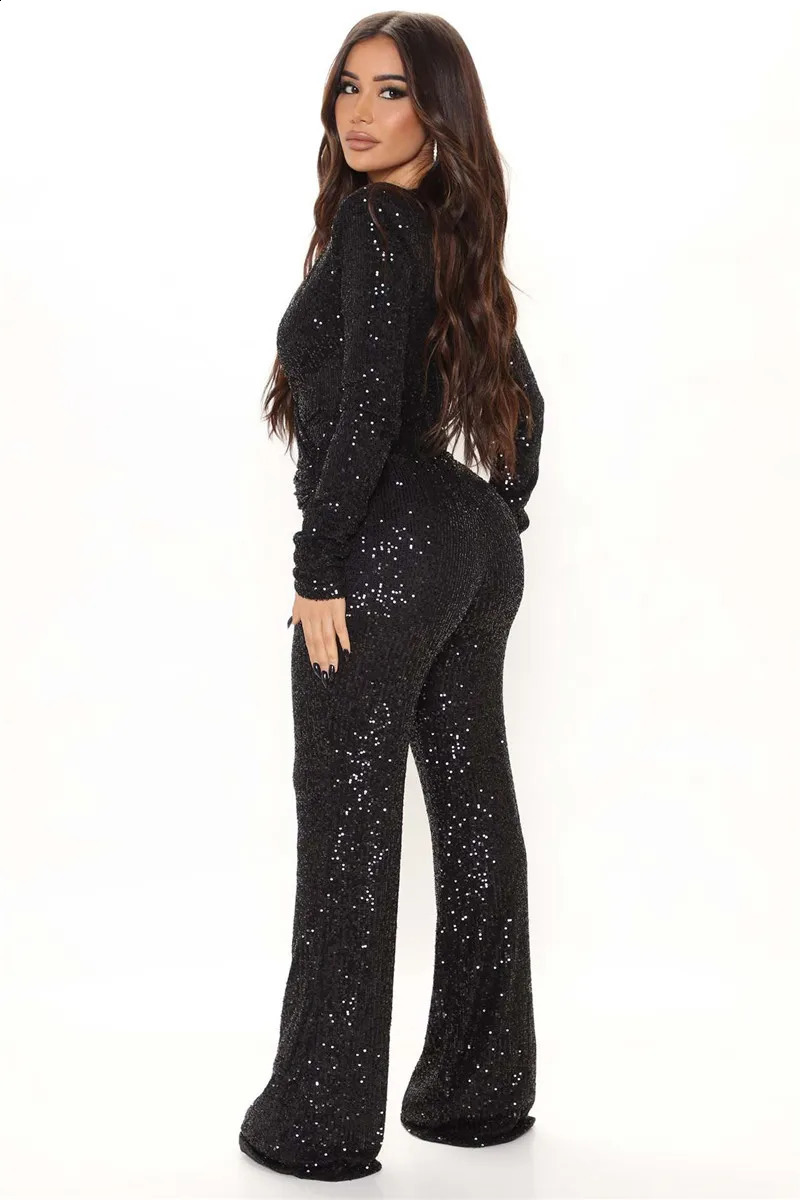 Fashion Sequins Jumpsuit For Women Long Sleeve V Neck Draped Autumn Winter Rompers Celebrity Evening Party Club Overall 241224